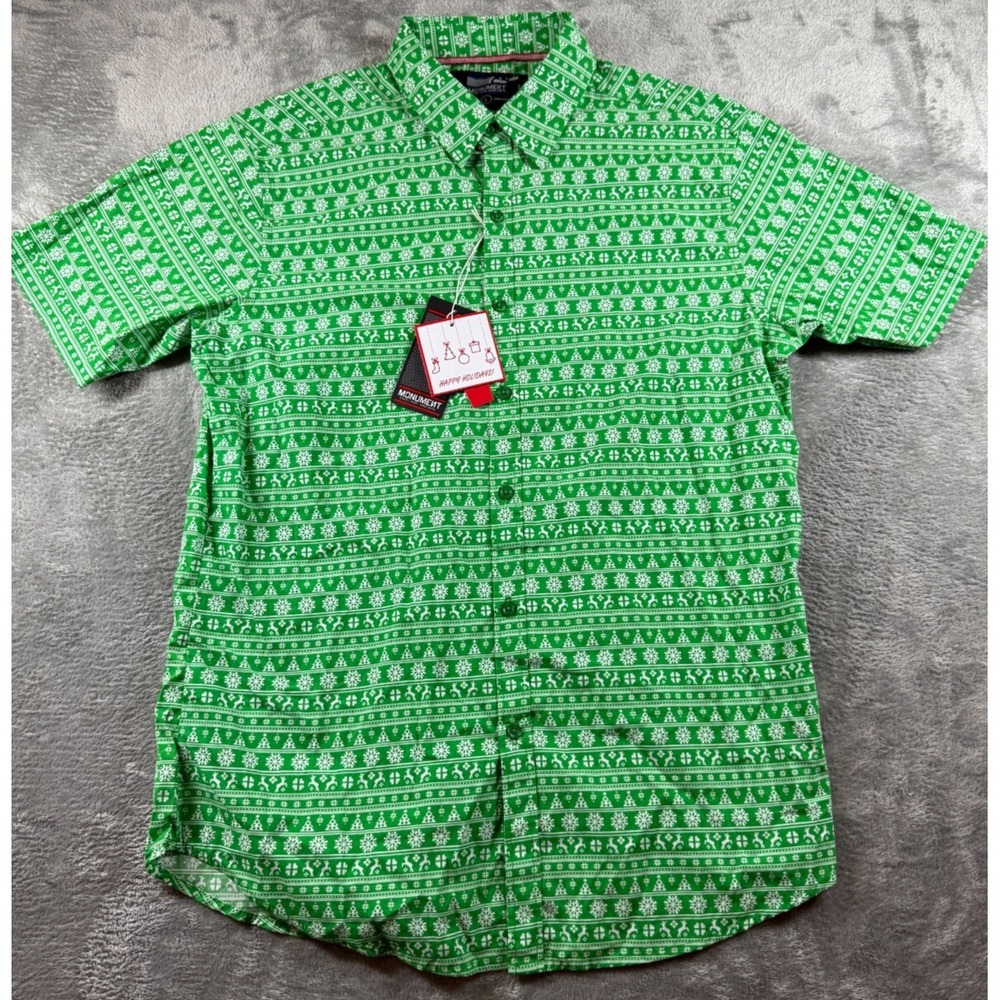 Monument Christmas Shirt L Green Red Snowflake Tree Reindeer Holiday NWT